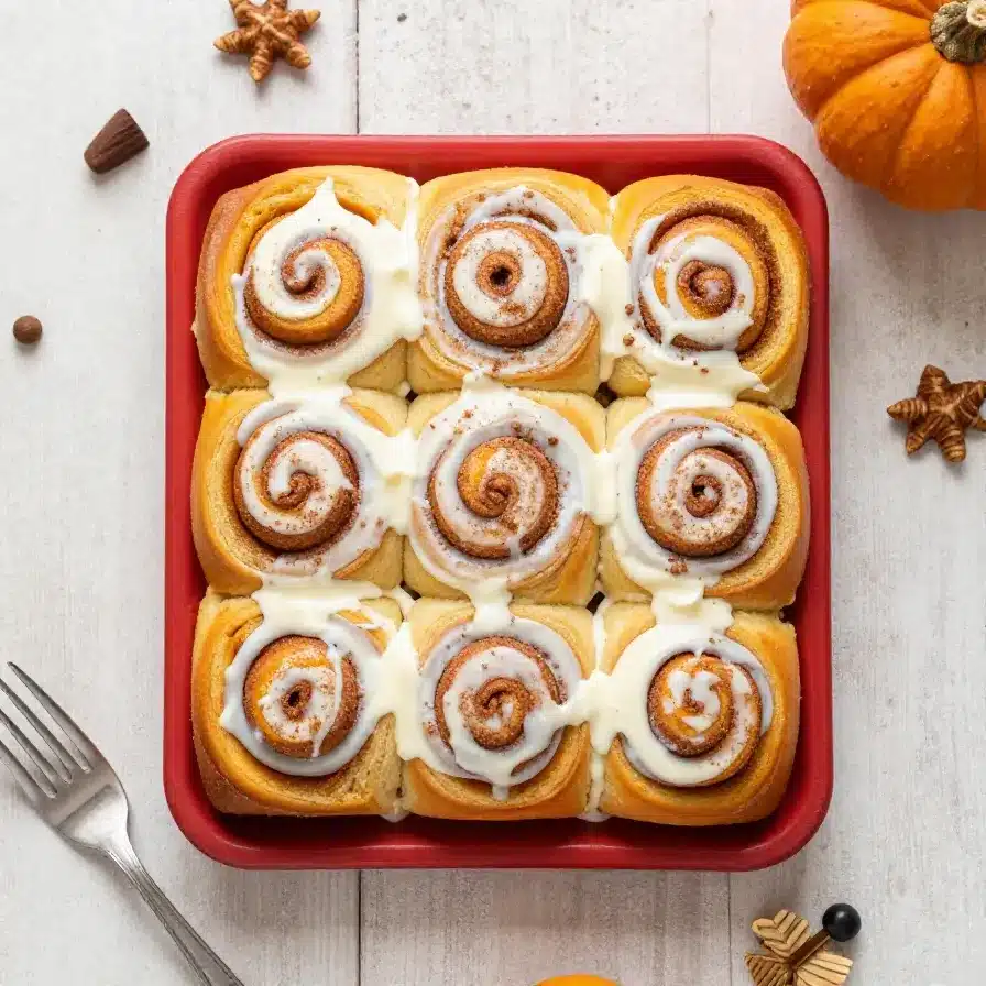 Fresh pumpkin cinnamon rolls topped with creamy icing on a serving plate