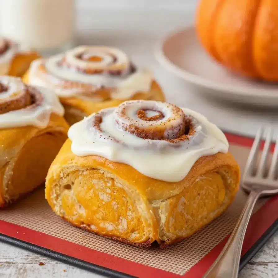 Fresh pumpkin cinnamon rolls topped with creamy icing on a serving plate