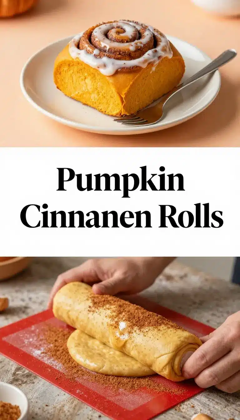 Fresh pumpkin cinnamon rolls topped with creamy icing on a serving plate