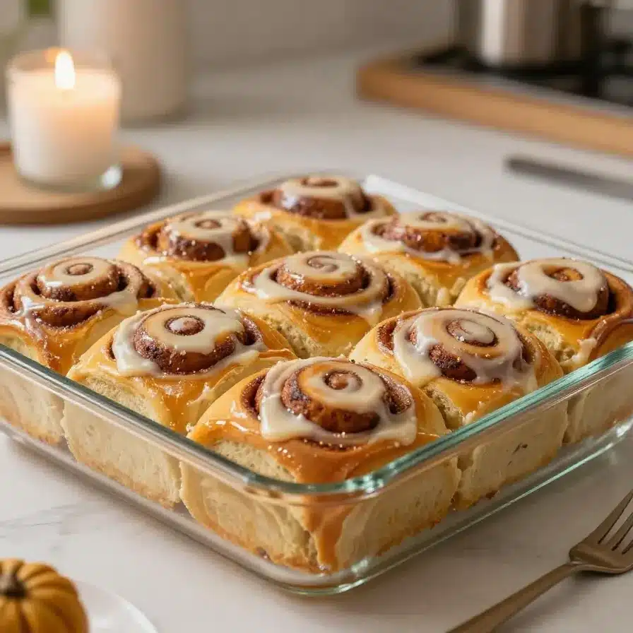 Fresh pumpkin cinnamon rolls topped with creamy glaze on a white plate