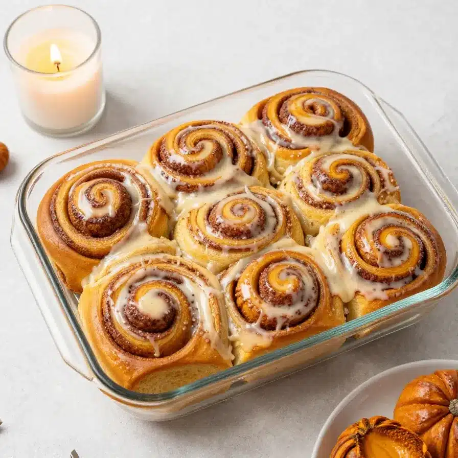Fresh pumpkin cinnamon rolls topped with creamy glaze on a white plate