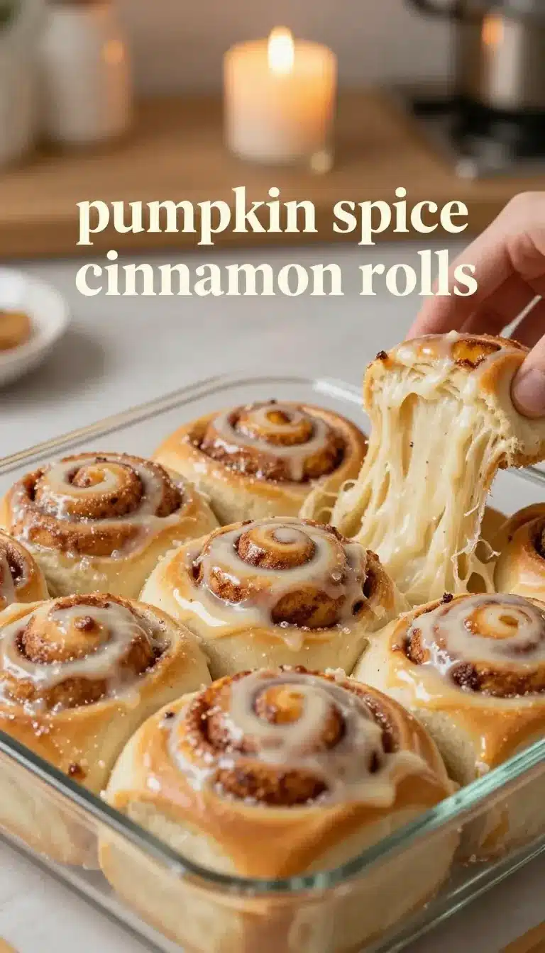 Fresh pumpkin cinnamon rolls topped with creamy glaze on a white plate