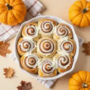 Sourdough Pumpkin Cinnamon Rolls 30 Freshly baked sourdough pumpkin cinnamon rolls topped with creamy glaze on a white plate