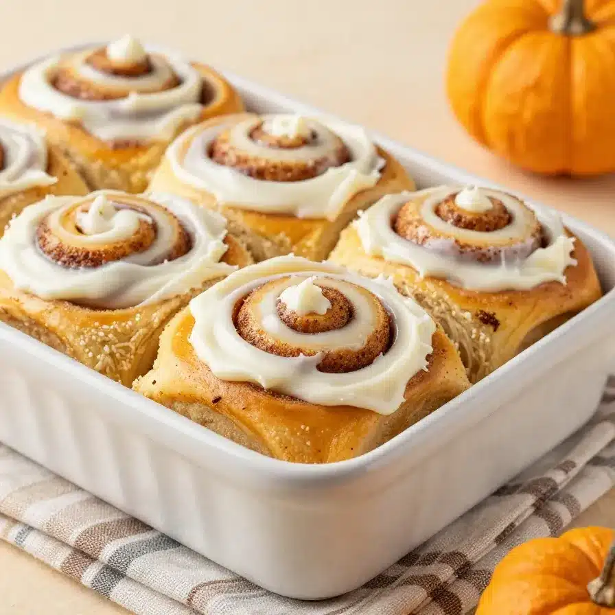 Freshly baked sourdough pumpkin cinnamon rolls topped with creamy glaze on a white plate