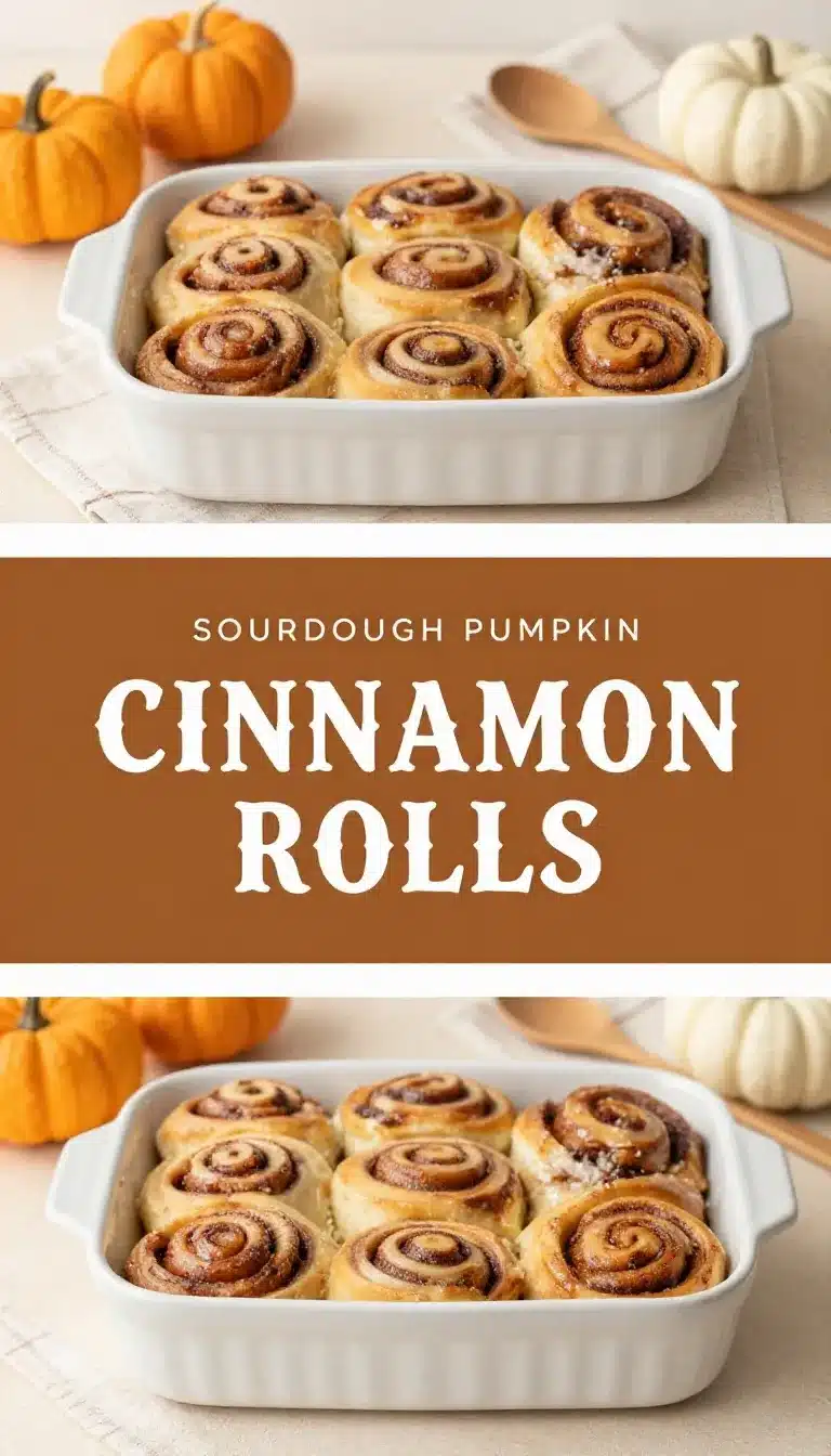 Freshly baked sourdough pumpkin cinnamon rolls topped with creamy glaze on a white plate