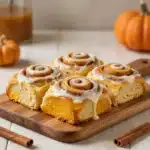 Freshly baked pumpkin shaped cinnamon rolls topped with pumpkin spice icing on a white serving plate