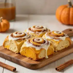 Pumpkin Shaped Cinnamon Rolls with Pumpkin Spice Icing 29 Freshly baked pumpkin shaped cinnamon rolls topped with pumpkin spice icing on a white serving plate