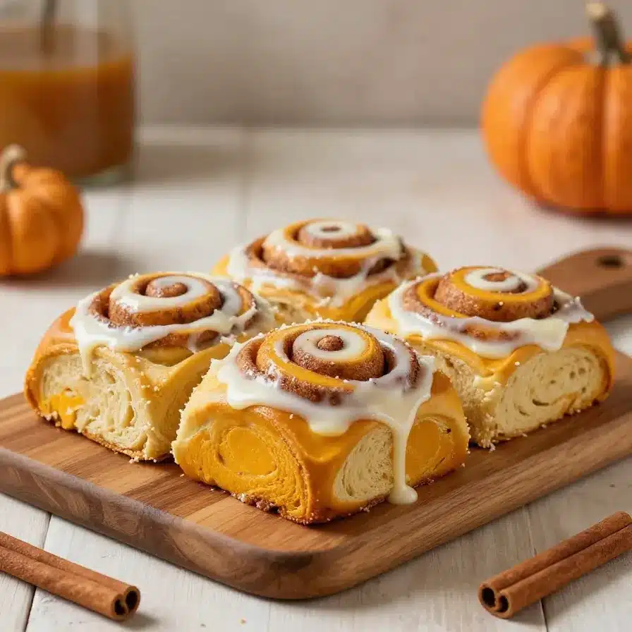 Freshly baked pumpkin shaped cinnamon rolls topped with pumpkin spice icing on a white serving plate
