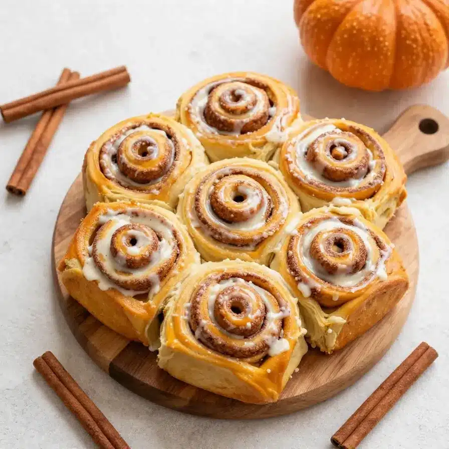 Freshly baked pumpkin shaped cinnamon rolls topped with pumpkin spice icing on a white serving plate