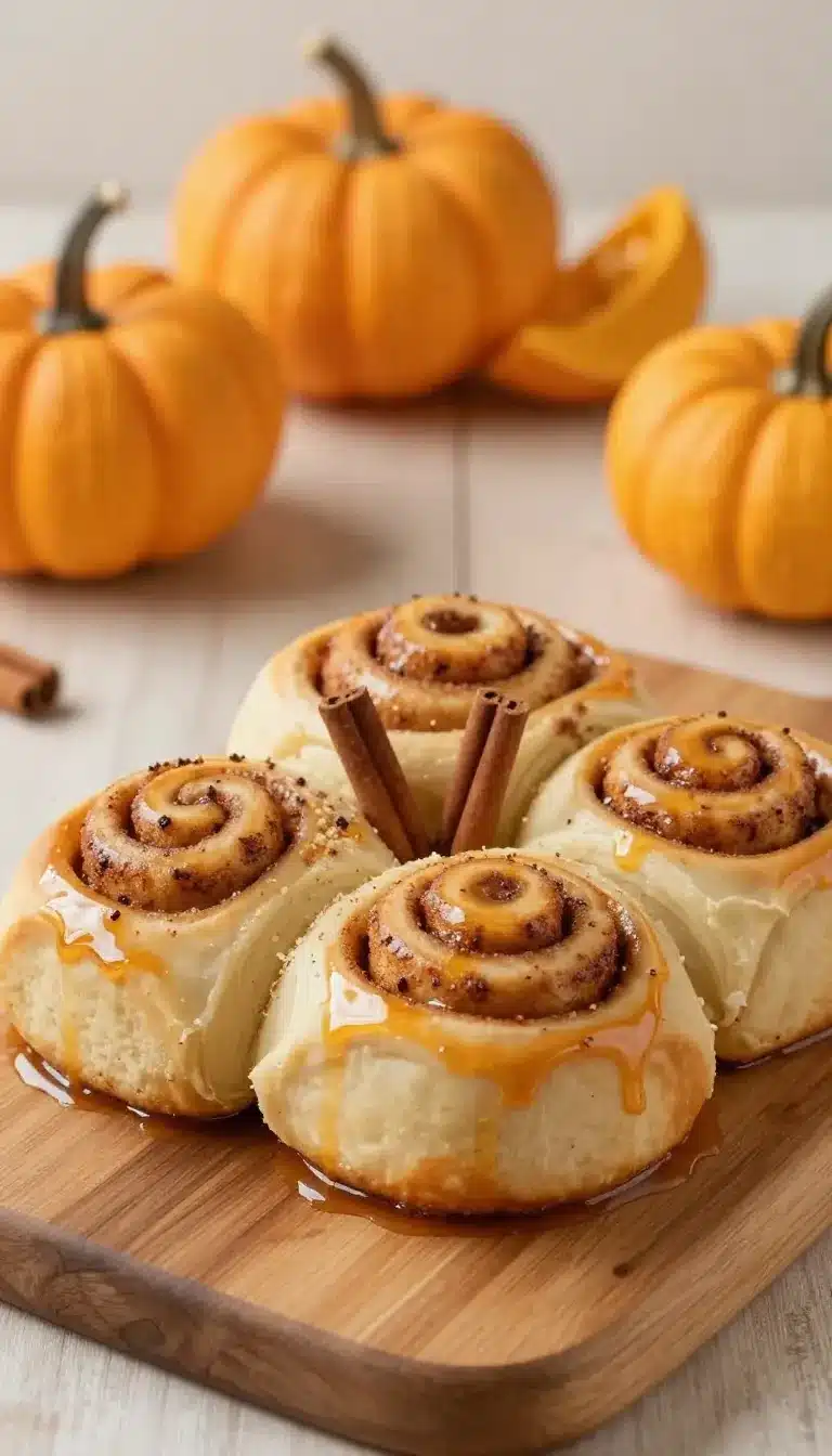 Freshly baked pumpkin shaped cinnamon rolls topped with pumpkin spice icing on a white serving plate
